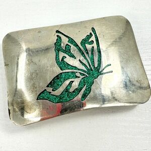 Y2K Butterfly Belt Buckle Green Glitter Resin Inlay Silver Tone Festival‎